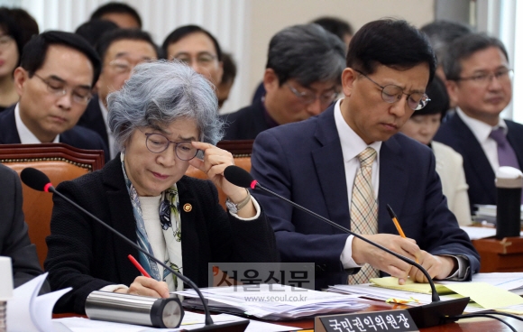 박은정(왼쪽) 국민권익위원장이 25일 국회 정무위원회 국정감사에 출석해 자료를 들여다보고 있다. 박 위원장은 다음달 범정부 차원의 채용비리근절 추진단이 출범한다고 밝혔다.  정연호 기자 tpgod@seoul.co.kr