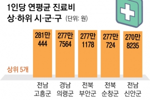 ‘1인당 연간 진료비’ 농촌이 도시보다 최대 3배 많아