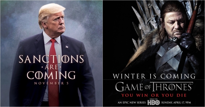 HBO의 인기 드라마 시리즈 ‘왕좌의 게임’(오른쪽)을 패러디해 이란에 대한 미 행정부의 제재를 홍보한 도널드 트럼프 미국 대통령. 2018.11.3  트위터·핀터레스트 캡처