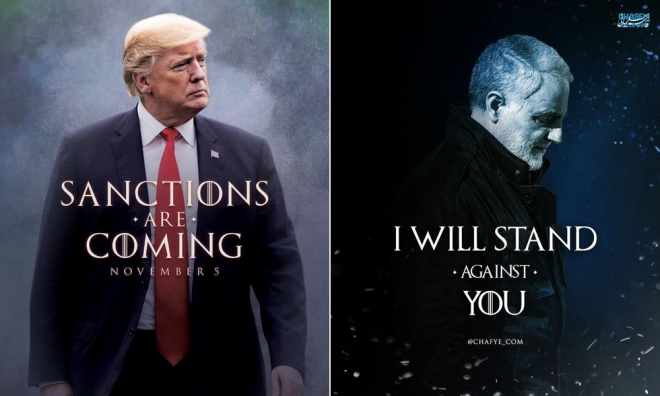 왼쪽은 트럼프 미국 대통령이 ‘왕좌의 게임’을 패러디한 포스터, 오른쪽은 거셈 솔레이마니 이란 혁명수비대 정예군 쿠드스부대 사령관이 트럼프 대통령에 맞서 패러디한 포스터다.