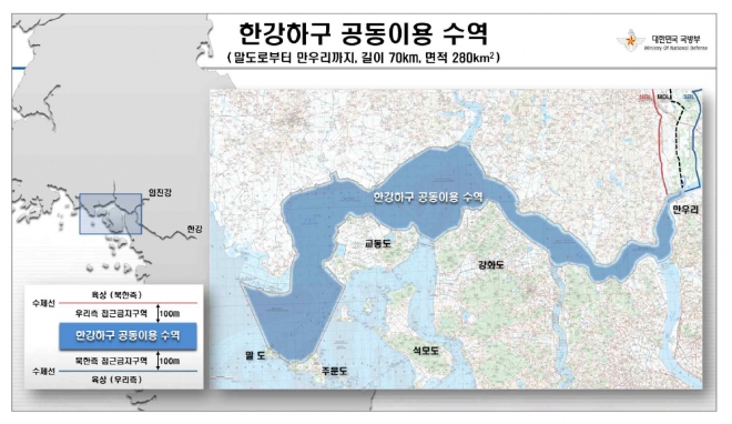 남북한이 19일 평양에서 합의한 ‘판문점선언 이행을 위한 군사분야 합의서’의 ‘한강하구 공동이용 수역’. 2018.9.19  국방부