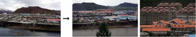 중국쪽 국경에서 바라본 북한 양강도 혜산시의 모습. 2015년 10월(왼쪽)에는 없던 고층 아파트 단지와 철도 역사가 올해 8월(가운데)에는 들어서 있다. 맨 오른쪽 사진은 가운데 사진의 건설 현장을 확대한 것으로 고강도 제재에도 북한이 일정한 경제 동력을 갖고 있다는 방증이다. 이종석 세종연구소 수석연구위원 제공