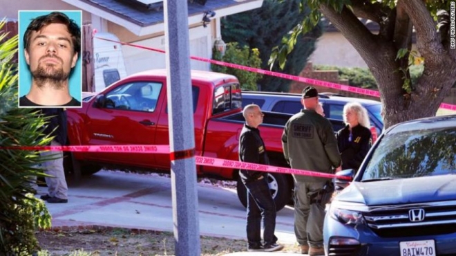 경찰이 8일(현지시간) 총기난사 사건이 발생한 캘리포니아주 벤투라 카운티 사우전드오크스의 ‘보더라인 바 & 그릴’일대를 조사하고 있다. 오른쪽 위 작은 사진은 총격범 이언 데이비드 롱. 2018.11.9. CNN 캡처