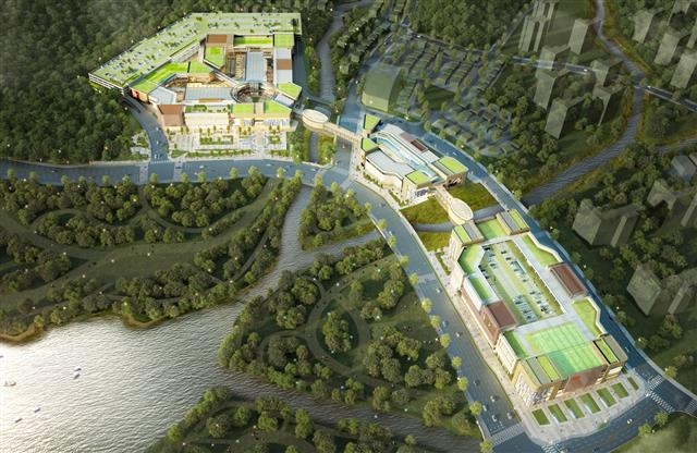 경기도 의왕시 백운호수가에 조성 중인 백운밸리 도시개발사업의 하나인 롯데복합쇼핑몰 조감도. 의왕시 제공 