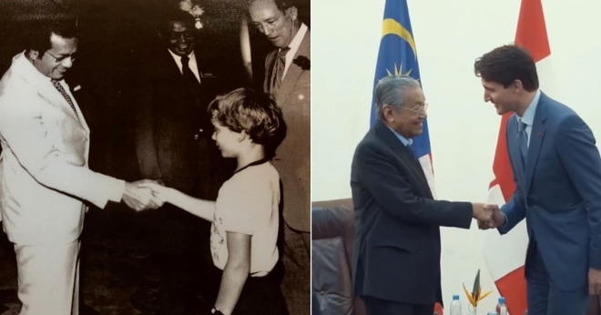 마하티르 모하마드(왼쪽) 말레이시아 총리가 1982년 말레이시아를 방문한 피에르 트뤼도(오른쪽) 당시 캐나다 총리의 아들 쥐스탱 트뤼도(오른쪽 두번째 소년)와 악수를 나누고 있다. 오른쪽 사진은 지난 17일 마하티르(왼쪽) 총리가 파푸아뉴기니에서 쥐스탱 트뤼도(오른쪽) 캐나다 총리와 36년만에 만나 정상회담을 시작하기 앞서 악수를 나누고 있는 모습.  마하티르 총리 트위터 캡처  말레이시아 정보부 제공  