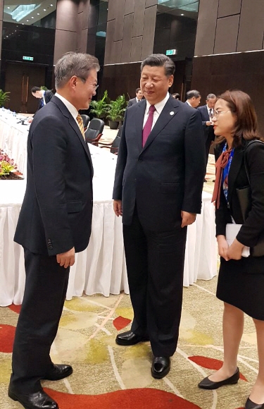에이펙 회의 중 시진핑 중국 국가주석과 대화하는 문재인 대통령.  청와대 제공