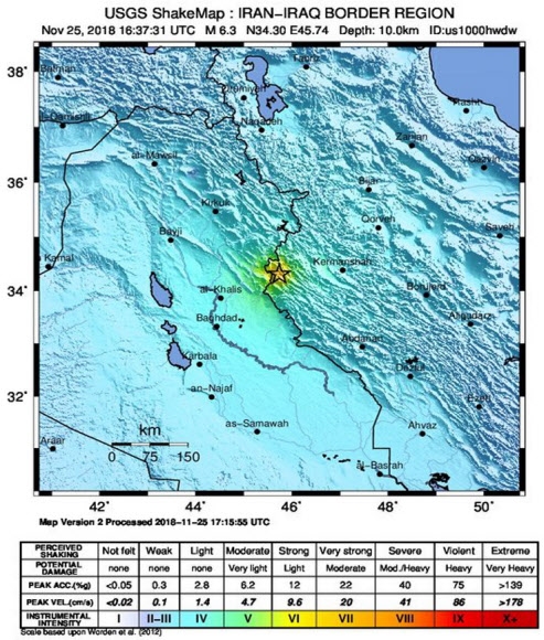 미국 지질조사국(USGS)은 25일(현지시간) 이란 발생한 지진의 진원의 깊이는 10㎞, 진앙은 사르폴레자헙에서 남서쪽으로 20㎞ 지점이라고 밝혔다. EPA 연합뉴스