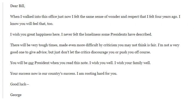 조지 H.W 부시 대통령이 백악관 집무실에 후임인 빌 크린턴 대통령을 위해 남긴 편지 전문. WP 캡처