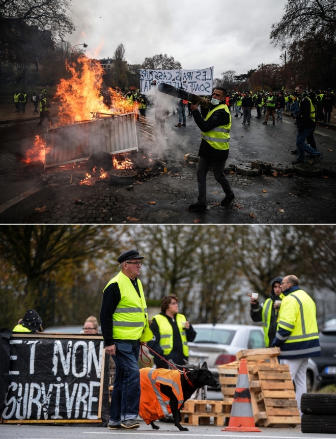 위 사진은 1일(현지시간) 프랑스 파리 중심가에서 열린 ‘노란 조끼’ 시위에서 시위대가 거리에 방화하는 모습. 아래 사진은 프랑스 북서부에 있는 도시 렌에서 한 ‘노란 조끼’ 집회 참여자가 집회를 하고 있는 모습. AFP연합뉴스
