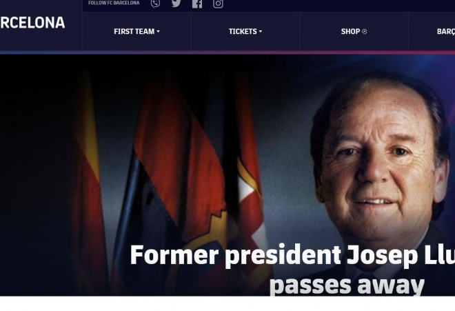 FC 바르셀로나 구단의 4일 홈페이지. 1978년부터 2000년까지 구단 회장을 지낸 호셉 루이스 누네즈가 지난 3일 87세를 일기로 세상을 떠났음을 알리고 있다. 고인은 요한 크루이프를 감독으로 임명해 명문 구단으로 키웠다는 평판을 들었다.