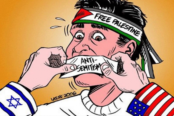 미국과 이스라엘이 무슬림들의 반(反)유대주의를 구실로 이스라엘과 분쟁을 벌이는 팔레스타인 사람들의 입에 재갈을 물린다는 아랍권의 풍자 만화  미들이스트모니터 홈페이지 캡처