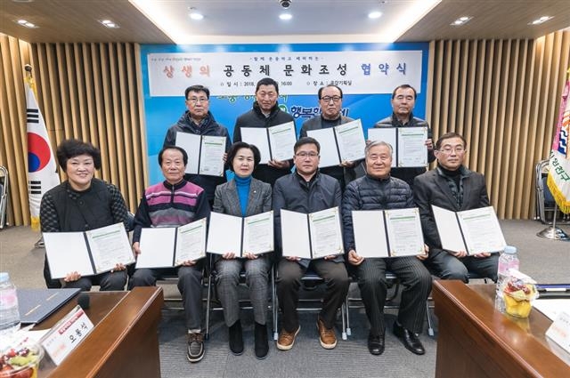 김수영(왼쪽 세 번째) 양천구청장이 지난 10일 목동아파트 13개 단지, 신정3동 아파트 연합회 9개 단지와 ‘함께 존중하고 배려하는 상생의 공동체문화 조성 협약’을 체결하고 기념촬영을 하고 있다. 양천구 제공