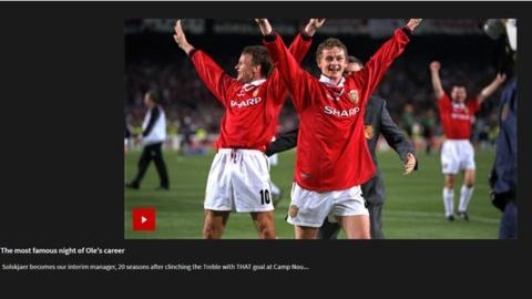 문제의 맨유 구단 홈페이지 동영상. 솔샤르가 1999년 유럽 챔피언스리그 결승 도중 결승 득점을 올리는 순간의 동영상과 함께 “그가 우리의 감독 대행이 된다”고 적었는데 얼마 안돼 삭제됐다. BBC 홈페이지 캡처
