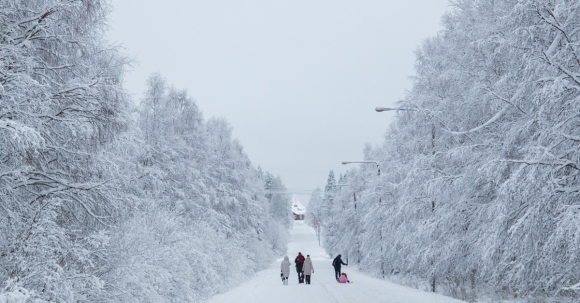 산타마을로 가는 길 핀란드 북부 라피주 로바니에미에 있는 산타클로스 마을로 가는 숲길. 관광객들이 설경을 만끽하고 있다. 2018.12.23  류재민 기자 phoem@seoul.co.kr
