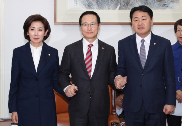 자유한국당 나경원(왼쪽부터), 더불어민주당 홍영표, 바른미래당 김관영 원내대표가 27일 오후 국회 운영위원장실에서 산업안전보건법 처리 등 본회의 의사일정 합의사항을 발표한 후 손을 잡고 있다. 2018.12.27 정연호 기자 tpgod@seoul.co.kr