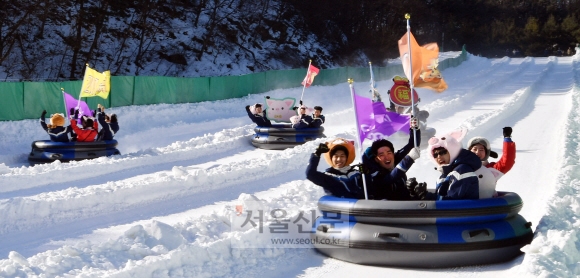 3일 경기도 용인 에버랜드 스노우버스터 익스프레스 코스에서 돼지와 복이 쓰인 보드와 깃발을 든 직원들이 복을 나눠준다는 의미를 담아 4인승 썰매를 타고 내려오고 있다. 에버랜드 스노우버스터는 국내 최초 4인승 눈썰매를 익스프레스 코스에 전면 도입했다. 2019. 1. 3.  박윤슬 기자 seul@seoul.co.kr