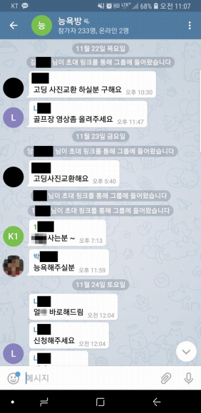 230여명이 모인 한 소셜네트워크서비스(SNS) 비밀 채팅방에서 회원들이 음란물 합성을 위해 미성년자 사진을 요청하고 있다. 텔레그램 비밀 채팅방 캡처