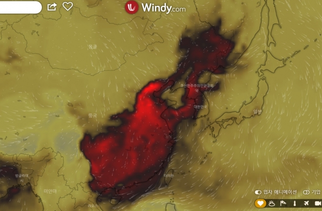일산화탄소(CO) 오염도. 윈디닷컴(windy.com) 캡쳐