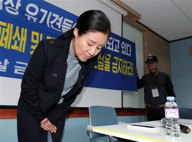 동물권단체 ‘케어’ 박소연 대표가 지난 19일 서울 서초구의 한 빌딩에서 기자회견을 열고 고개 숙여 사과하고 있다.  뉴스1