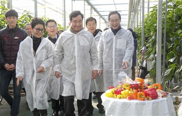 송하진 전북지사가 이낙연(오른쪽 세번째) 국무총리와 함께 김제 스마트팜 현장을 살펴보고 있다. 전북도 제공