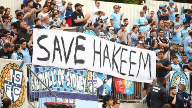 호주 프로축구 시드니 FC 팬들도 하킴 알아라이비의 송환에 반대하는 플래카드 시위를 벌였다. AFP 자료사진