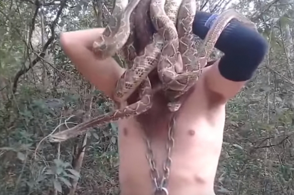 아마존 파괴 경고 위해 방울뱀 6마리 입에 문 환경운동가
