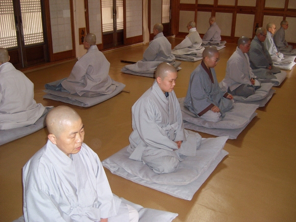 경북 영천 은해사 백흥암 선방 심검당에 면벽한 채 입정한 비구니 수좌들. 지난 3개월간 하루 13시간씩의 밤낮 정진에 매달려 온 동안거 수행의 막바지 화두 풀이에 온 힘을 쏟고 있다.