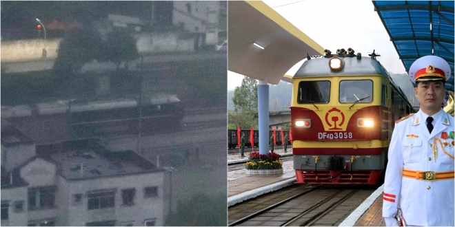 지난 26일(현지시간) 중국 핑샹역에 들어가는 김정은 북한 국무위원장의 전용열차(왼쪽)와 베트남 동당역에 도착하는 열차. 두 열차의 기관차 색이 다르다. 2019.2.28  연합뉴스·EPA