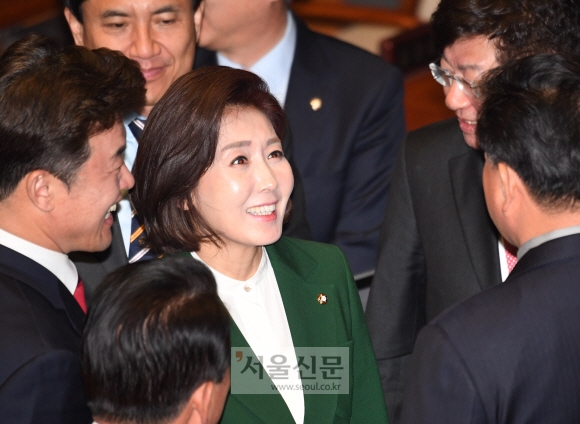 자유한국당 나경원 원내대표가 12일 오전 국회 본회의장에서 교섭단체 대표연설을 하던 중 문재인 대통령이 김정은의 수석대변인이라는  발언을 하자 파행이 이루어졌다. 나경원 원내대표가 연설을 끝내고 나오자 동료들이 격려하고 있다. 2019.3.12. 김명국 선임기자 daunso@seoul.co.kr