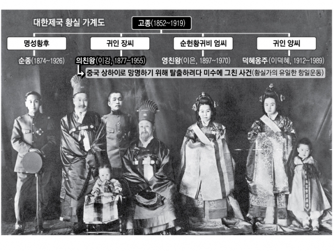 창덕궁 인정전에서 촬영한 ‘이왕가’(李王家)의 사진. 1913~1915년쯤 찍은 것으로 추정된다. 왼쪽부터 의친왕 이강, 순종, 덕혜옹주, 영친왕 이은, 고종, 순종의 왕비 순종효황후 윤씨, 의친왕의 왕비 덕인당 김씨, 의친왕의 큰아들 이건. 대한제국 황실은 경술국치 뒤 일본으로부터 이왕가로 책봉받아 식민지 기간 동안 경제적 지원을 받았다. 서울역사박물관 제공
