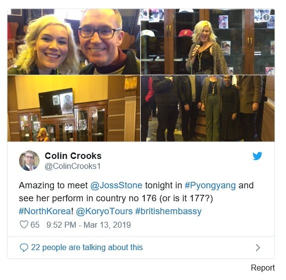 콜린 크룩스 평양 주재 영국 대사가 조스 스톤을 만난 감격을 트위터에 몇 장의 사진과 함께 올렸다.