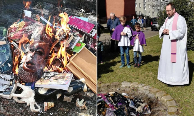 해리포터 시리즈 등을 불태우고 있는 폴란드 성직자들