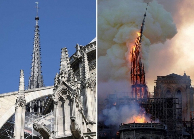 지난해 촬영된 사진(왼쪽)과 화재 순간.  파리 AFP