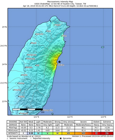 타이완 동부 해안에 발생한 진도 6.1 강진 