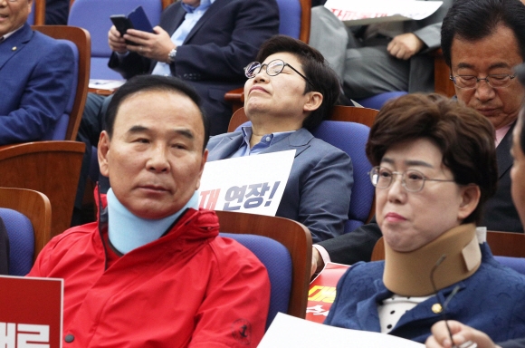 자유한국당 박덕흠 의원(왼쪽)과 최연혜 의원(오른쪽)이 29일 오전 여의도 국회에서 열린 비상의원총회에서 대화하고 있다. 2019.4.29  정연호 기자 tpgod@seoul.co.kr