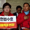 [서울포토] 자유한국당, 목 보호대하고 피켓 시위