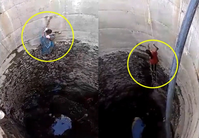 물을 얻기 위해 18미터 깊이의 우물 속으로 들어가는 인도여성 모습(유튜브 영상 캡처)