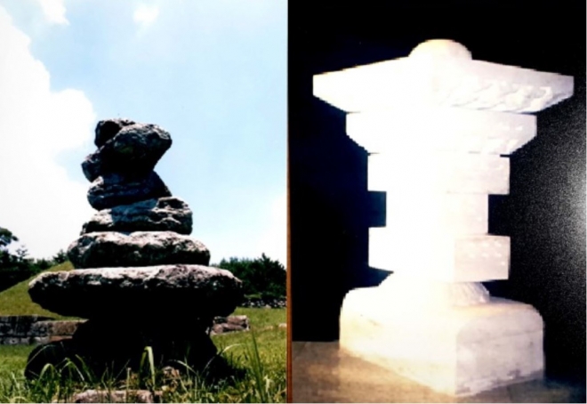 1987년 당시 방치된 모습의 파사석탑(왼쪽)과 향토사학자 허명철 원장이 석고로 복원한 파사석탑 상상 모습. 가야불교연구소 제공
