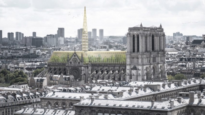 프랑스 건축사무소 NAB가 제시한 성당 옥상을 온실로 바꾸고 18만 마리의 벌들을 수용할 양봉장을 설계하도록 한 방안  디진 홈페이지 캡처