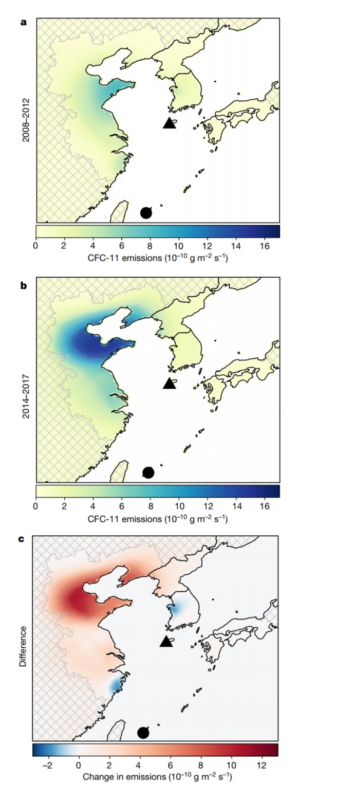한국 제주도 고산지역과 일본 하테루마 관측소에서 채집된 공기 속에서 프레온가스 농도를 측정한 결과 얻은 2008~2012년 평균배출량(A), 2014~2017년 평균배출량(B), 두 측정 기간 사이에 나타난 프레온가스 배출량 변화분포도(C)를 나타낸 것. 전지구적 프레온가스 배출량 증가의 원인지역은 산둥성과 허베이성을 비롯한 중국 동부지역인 것으로 확인됐다.  영국 브리스톨대 제공
