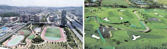 용인시 수지지역 도심 한복판에 들어선 수지레스피아. 지하에 하수처리시설을 설치하고 지상에는 각종 체육시설과 복합문화공간 등을 조성했다(왼쪽 사진). 지상에 골프장을 조성해 연간 25억원가량의 수익을 올리고 있는 수원하수종말처리장. 용인·수원시 제공