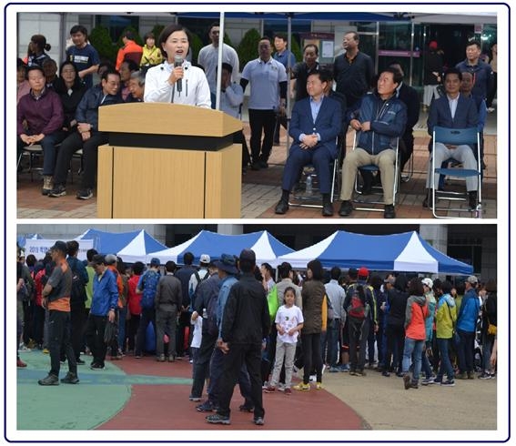 ▲ 지난 19일 부산학생교육문화회관 앞 광장에서 부산진구체육회의 주관으로 2019 백양산 숲길걷기대회가 열렸다. ▲ 서은숙 부산진구청장이 2019 백양산 숲길 걷기대회에서 개회식 축사를 하고 있다.<<으뜸안경밝은세상 제공> 