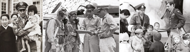 직접 입양한 전쟁고아와 함께 사진을 촬영하는 딘 헤스 대령(왼쪽), 한국 공군 조종사를 교육하는 모습(가운데), 대피작전 후 제주 고아들을 방문한 모습(오른쪽). 국가보훈처 제공