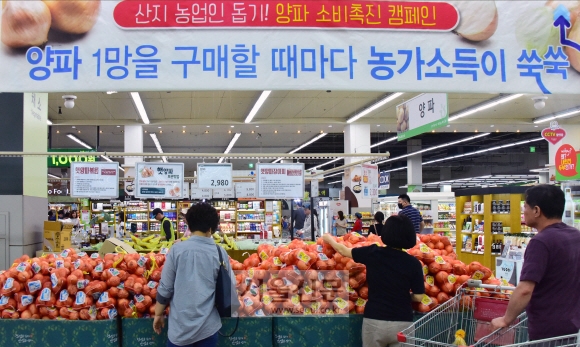 생산량 증가에 따른 가격하락으로 어려움을 겪고 있는 양파 생산 농가를 돕기 위해 9일 농협 하나로마트 양재점에서 벌이고 있는 ‘양파 소비촉진 캠페인’에서 소비자들이 양파를 고르고 있다. 올해는 기상여건 호조로 과잉생산된 양파의 산지가격이 생산원가에 못 미치는 수준으로 폭락할 것으로 전망된다.  2019.6.9. 이종원 선임기자 jongwon@seoul.co.kr