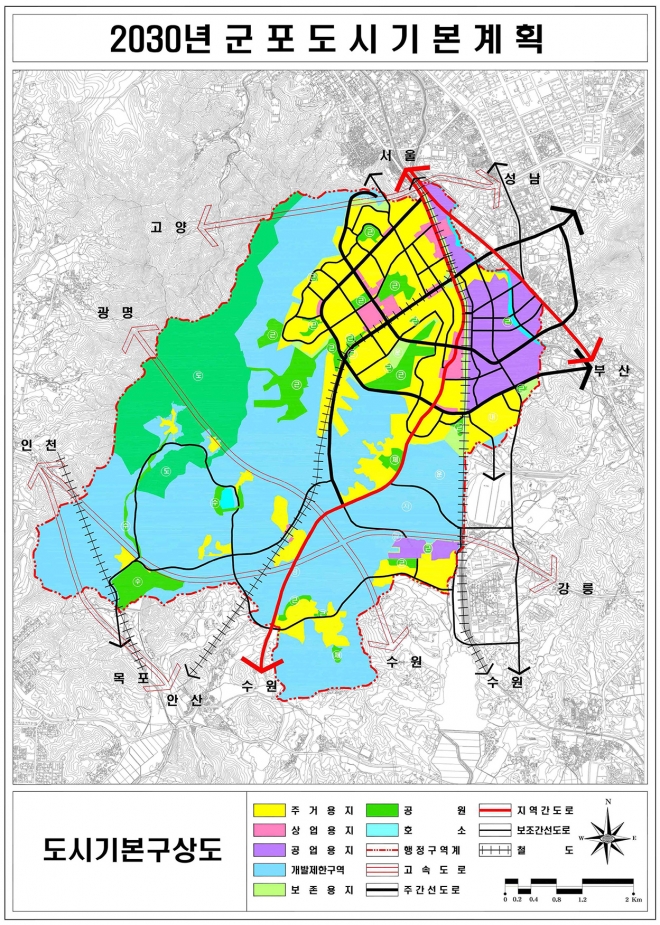 군포시는 도시기본계확안으로 도시공간을 ‘1도심’(산본) ‘3지역중심’(금정, 당동, 부곡?대야미) 구조로 설정했다. 2030년 군포도시기본계획안. 