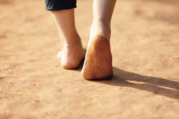 한 여행자가 맨발로 계족산 황톳길을 걷고 있다. 말랑말랑한 황톳길은 발에 휴식을 주는 길이자 걷기의 즐거움을 깨닫는 길이다.