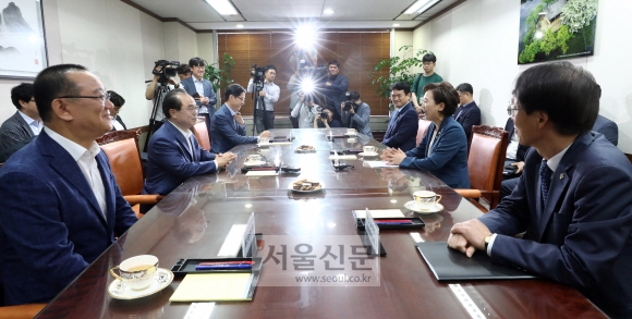 김현미(오른쪽 두 번째) 국토교통부 장관이 20일 서울 용산구 국토부 서울사무소에서 김경수(왼쪽 세 번째) 경남도지사, 오거돈(왼쪽 두 번째) 부산시장, 송철호(왼쪽 첫 번째) 울산시장 등과 김해신공항 관련 현안사항을 논의하고 있다. 오장환 기자 5zzang@seoul.co.kr