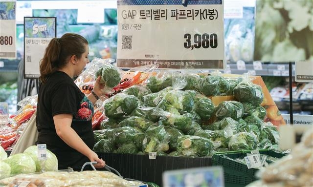 2일 한 주부가 서울 시내 대형마트 채소 코너에서 파프리카를 들어 보고 있다. 이날 통계청은 6월 소비자물가가 0.7% 상승하는 데 그치며 6개월째 0%대를 기록했다고 밝혔다. 뉴스1