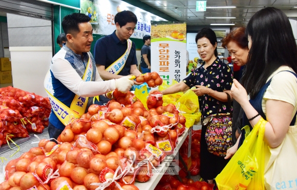 3일 서울 사당역에서 열린 ‘양파 산지 농가 돕기 특판전’에서 시민들이 전남 무안 양파를 구매하고 있다. 2019.7.3. 이종원 선임기자 jongwon@seoul.co.kr