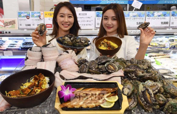 10일 오전 서울 롯데마트 서울역점에서 모델들이 무더위 보양식인 장어와 전복을 선보이고 있다. 롯데마트는 무더위에 지친 고객들을 위해 대표 보양 수산물인 손질 민물장어, 한 판 전복, 민물 장어 덮밥 등의 상품을 판매한다. 2019.7.10 오장환 기자 5zzang@seoul.co.kr